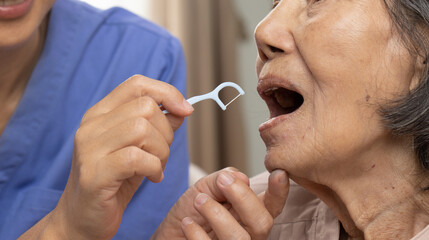 Dental and oral health , Caregiver take care asian elderly woman while brush teeth.