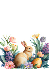Watercolor painting of rabbit vertical banner with copy space as illustration of Easter bunny hiding in flowers with painted eggs generative AI art