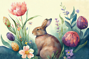 Watercolor painting of rabbit as illustration of Easter bunny hiding in garden flowers tulips and white lilies generative AI art	