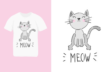 Cat t-shirt design. Print with phrase meow for posters, tees ,women shirts, cat lover.