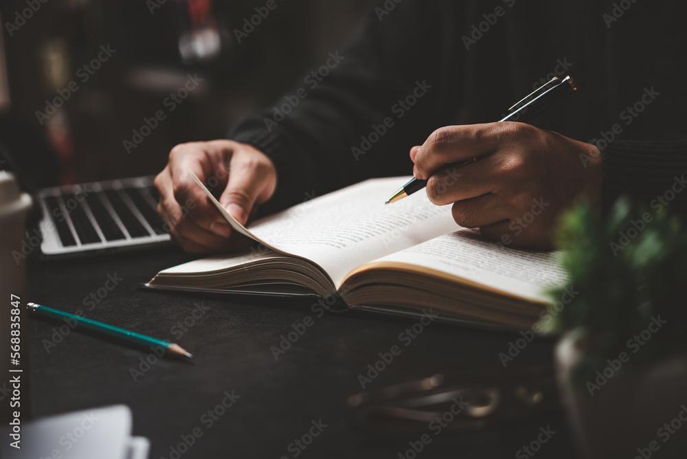 Poster businessperson reading and writing on book.education studying knowledge development and cognition le
