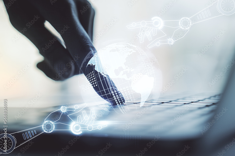 Aufkleber double exposure of robotics technology with world map hologram and hands typing on laptop on backgro