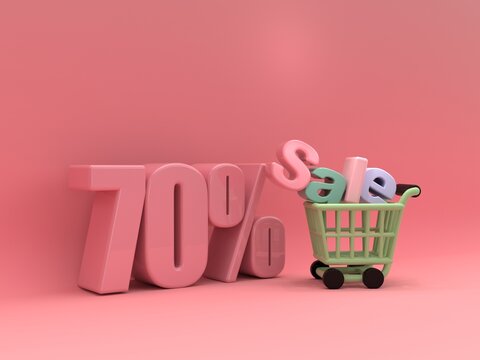 3d render Word SALE with shopping cart. Big 70 percent off in red color. on a red background