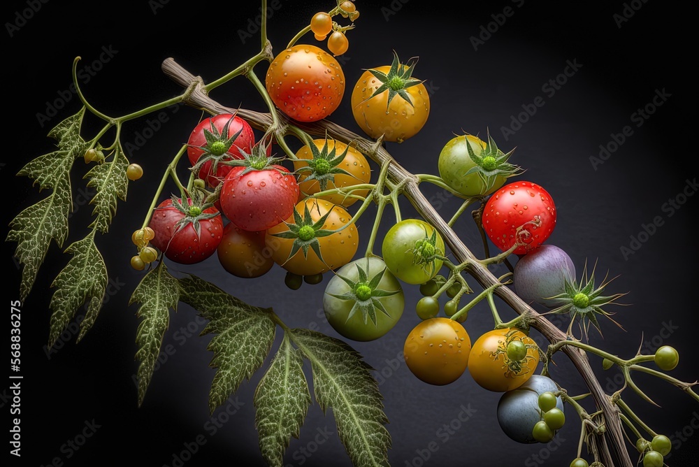 Poster close-up of ripe and unripe cherry tomatoes hanging from a branch vertically. generative ai