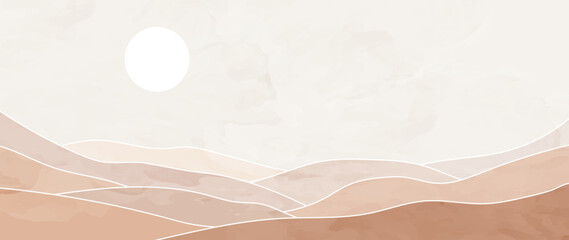 Fototapeta premium Abstract desert landscape with sun with white lines. Mountain vector background with watercolor texture in boho style, for prints, posters, covers, wall art and home decoration.