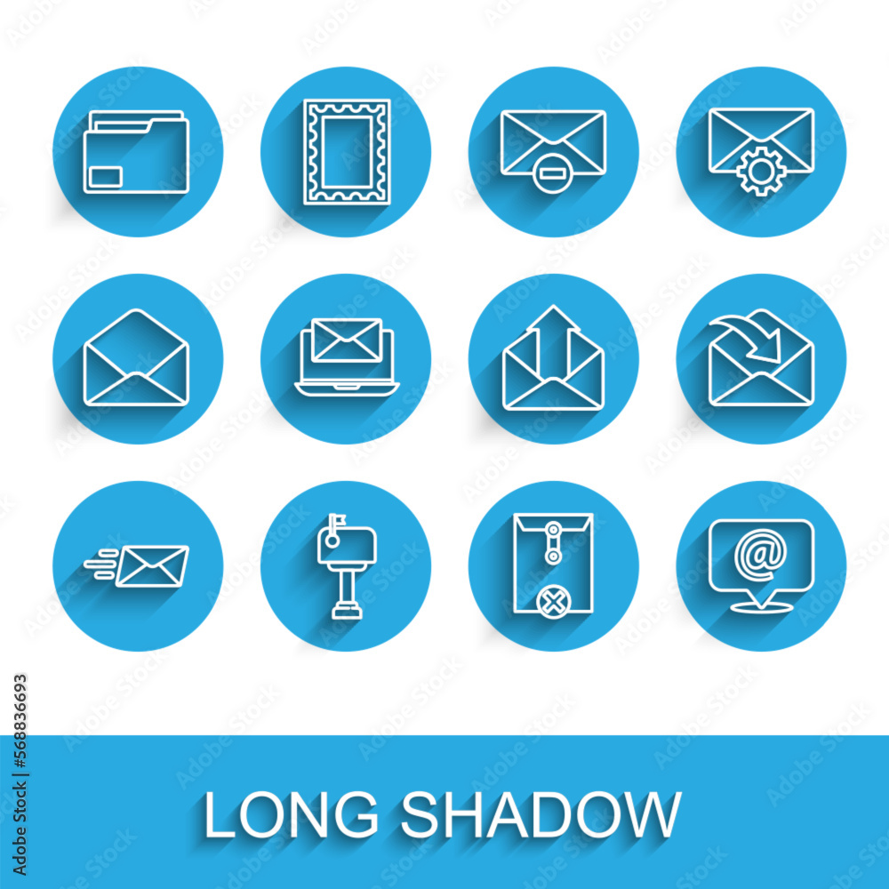 Poster set line express envelope, mail box, document folder, delete, and e-mail on speech bubble, laptop wi