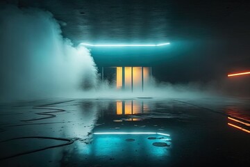 Fototapeta na wymiar Empty night dark scene with neon light and thick smoke, neon reflection on wet concrete pavement. AI