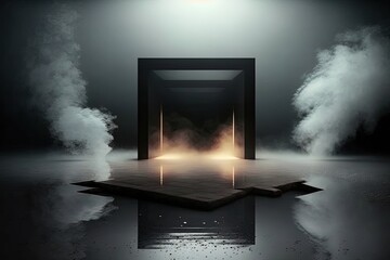 Empty night dark scene with neon light and thick smoke, neon reflection on wet concrete pavement. AI