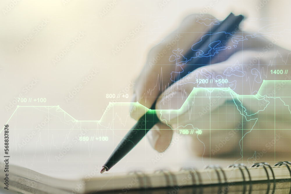 Poster double exposure of abstract creative statistics data hologram with woman hand writing in notepad on 