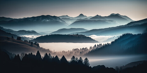 Fog covers the mountains. Generative AI