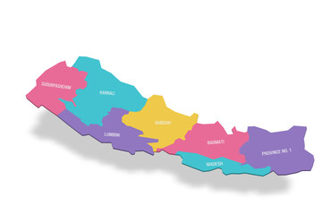 Nepal political map of administrative divisions - provinces. 3D colorful vector map with name labels.