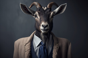 Portrait of a Goat Dressed in a Formal Business Suit, The Elegant Boss Goat, Generative Ai
