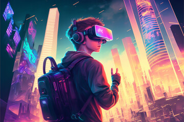 Exploring the world of virtual reality with a VR headset. Discovering new possibilities and engaging in exciting experiences. Technology, explore far away places and interact people. generative ai.