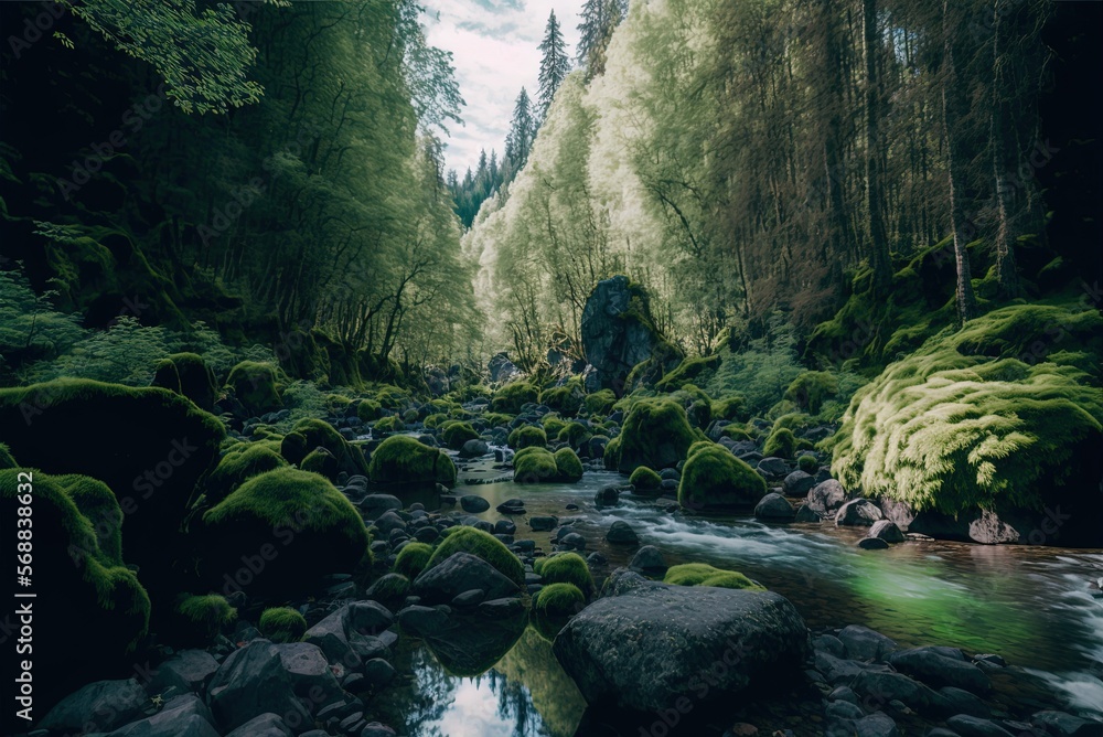 Poster a midday vertical view of a river framed by trees and moss-covered boulders generative ai