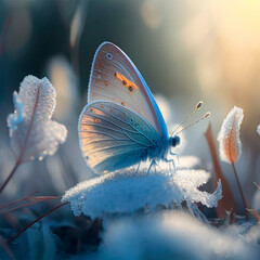 In ice and snow, a light blue ice butterfly, Generative AI