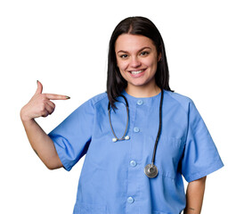 Young nurse woman isolated person pointing by hand to a shirt copy space, proud and confident