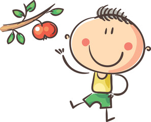 Cartoon boy with apple. Doodle kid clipart. Isolated on white background.