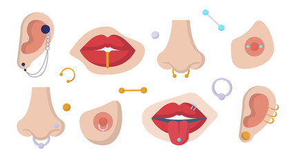 Vector illustration of various piercing variations. Earrings for piercing. Piercing in the nose, ear, lips, chest. Body jewelry on white background