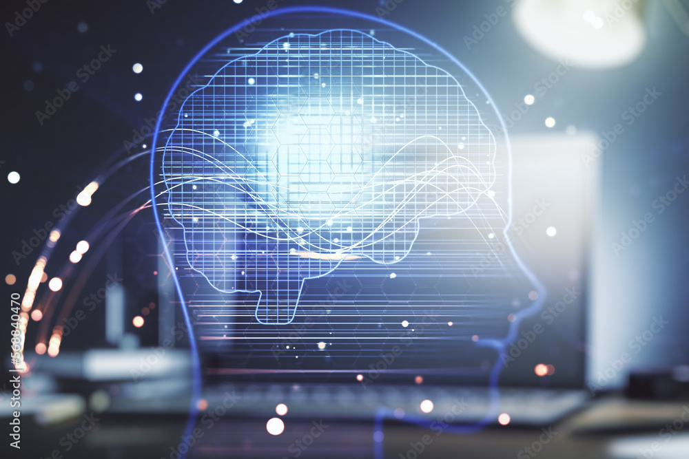 Aufkleber Double exposure of creative artificial Intelligence symbol with modern laptop on background. Neural networks and machine learning concept
