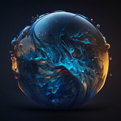 Futuristic blue and yellow sphere with liquid, abstract background. AI Generative