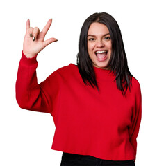 Young caucasian woman isolated showing a horns gesture as a revolution concept.