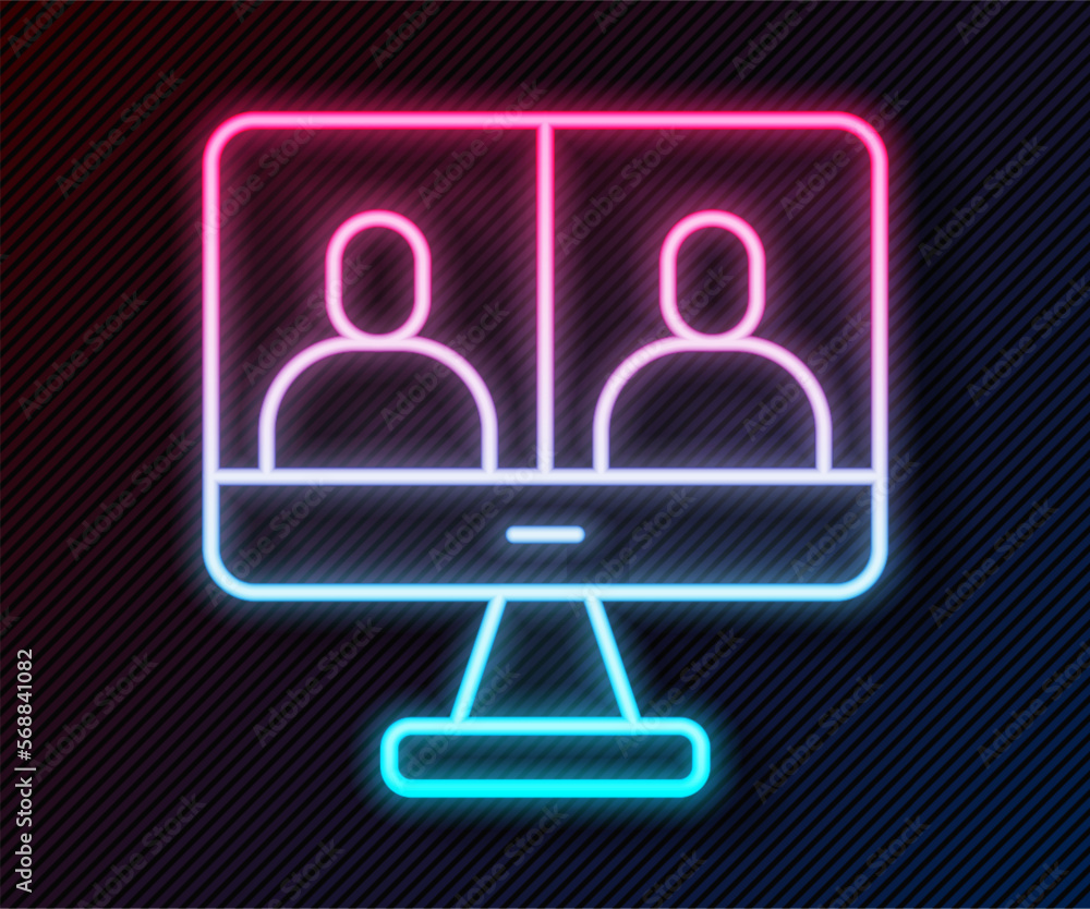 Aufkleber glowing neon line video chat conference icon isolated on black background. computer with video chat 