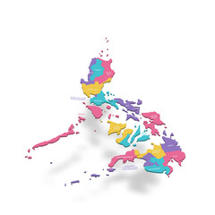 Philippines political map of administrative divisions - regions. 3D colorful vector map with name labels.
