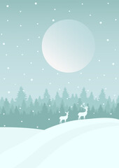 Fototapeta na wymiar Night forest with wild deer couple illustration poster. Fantasy moon in winter landscape.