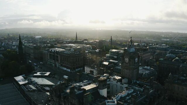 Aerial view of Edinburgh's downtown district with the Balmoral clock tower prominently featured.