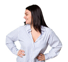 Young caucasian woman isolated laughs happily and has fun keeping hands on stomach.
