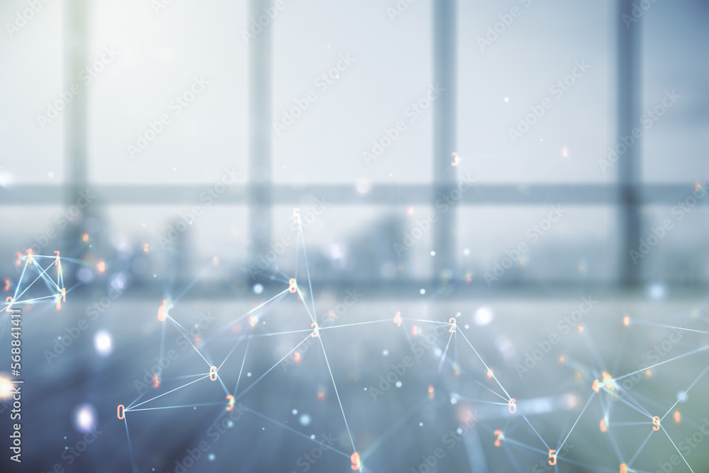 Poster double exposure of abstract virtual technology hologram on empty modern office background. research 