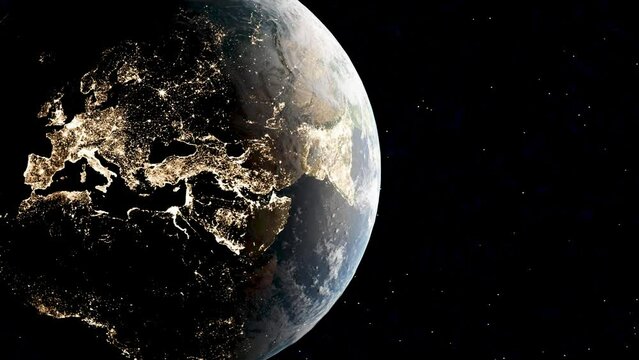 Orbiting globe at night shows illuminated European cities - view from space