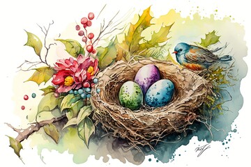 Watercolor painting of Easter nest. Easter bird nest with color eggs. Easter decoration. Generative AI illustration.