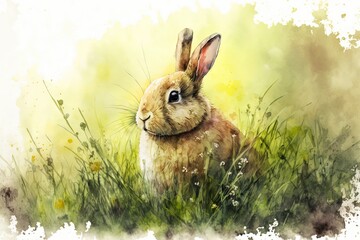 Watercolor painting of rabbit in grass. Generative AI illustration.