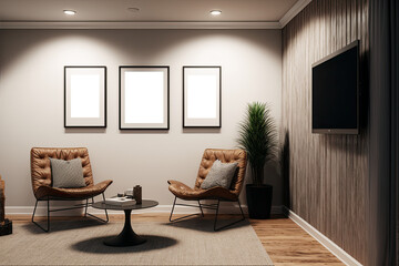Frame mockup in modern Basement Rec Room interior background