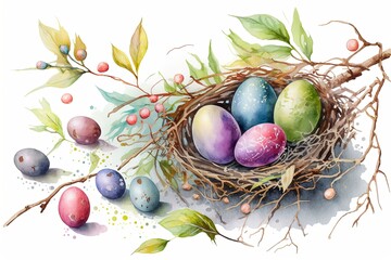 Watercolor painting of Easter nest. Easter bird nest with color eggs. Easter decoration. Generative AI illustration.