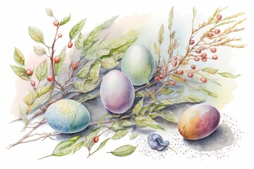 Watercolor painting of Easter color eggs. Easter decoration. Generative AI illustration.