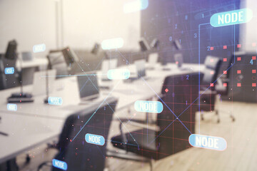 Multi exposure of abstract graphic coding sketch on a modern furnished classroom background, big data and networking concept