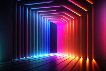 Neon tunnel of glowing multicolored lines, abstract background. Generative AI