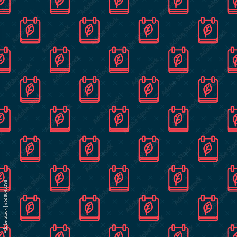 Poster red line calendar with autumn leaves icon isolated seamless pattern on black background. vector