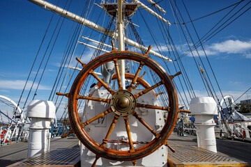 Wooden vintage Ship wheel, Sailboat helm.