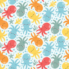 Marine seamless vector pattern with octopus, corals, algae, seabed