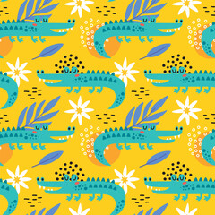 Fototapeta na wymiar Seamless cute vector floral tropical pattern with crocodile, leaves, plants, branches and flowers