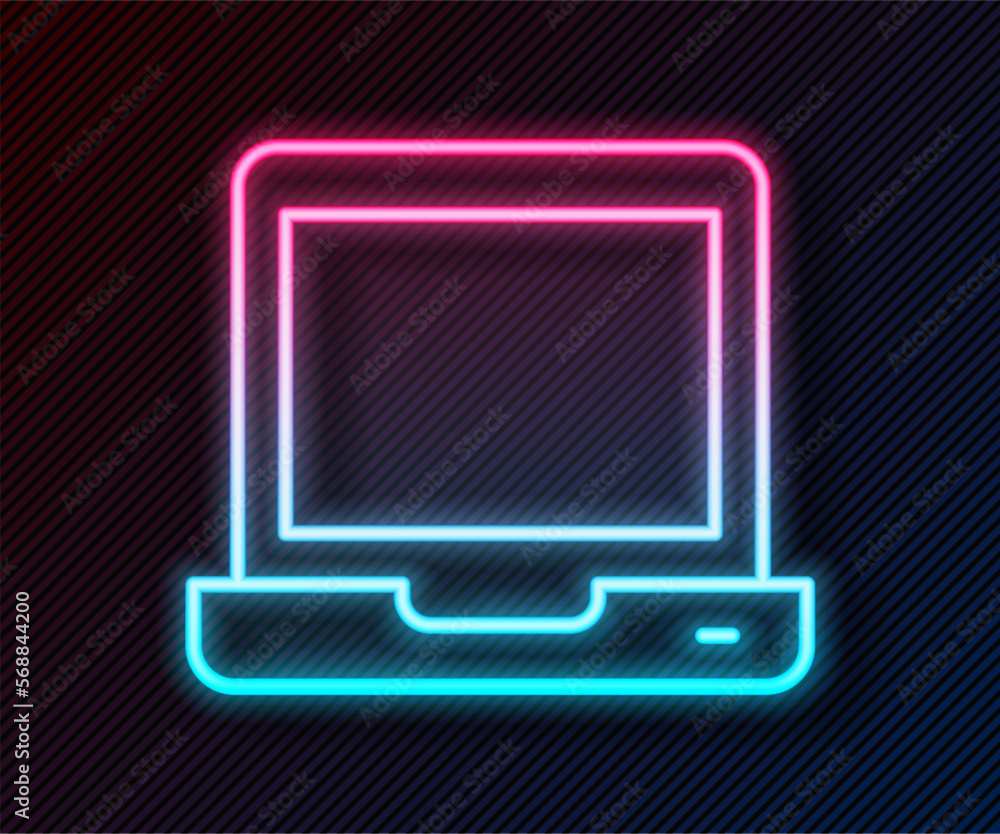 Poster glowing neon line laptop icon isolated on black background. computer notebook with empty screen sign
