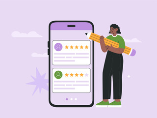 Woman with big pencil giving feedback review on phone screen. Customer satisfaction rating, consumer online survey. Hand drawn vector illustration isolated on background, flat cartoon style