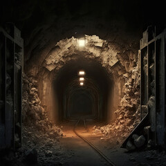 A dark tunnel in abandoned mine, filled with rubble and debris. Generative AI illustration