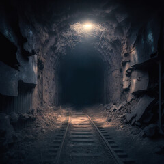An abandoned mine's tunnel with rusty rail tracks, leading into the unknown, creating a spooky atmosphere. Generative AI illustration