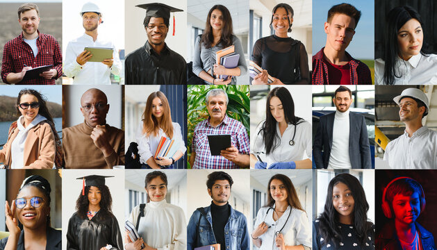 A Lot Of Happy People, Portraits Of Group Headshots In Collage Mosaic Collection. Many Smiling Multicultural Faces Looking At Camera. Human Resource Society Database Concept.