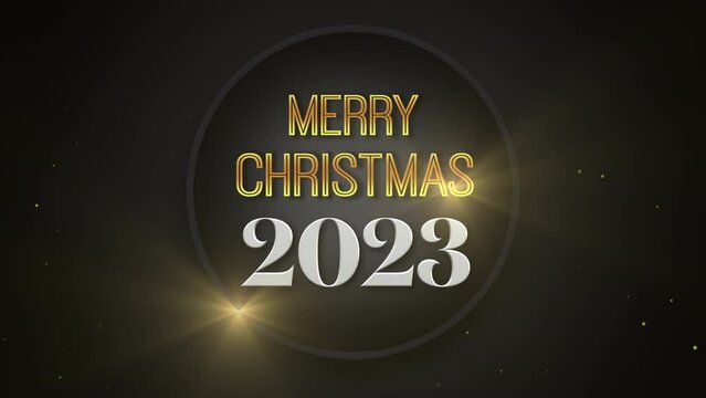 2023 years and Merry Christmas in circle with fly gold glitters on black gradient, motion abstract holidays, awards, happy new year and winter style background
