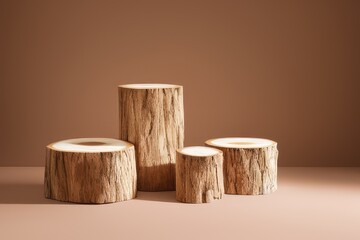 High-Resolution Mock-Up Image of Wooden Log Product Display Against a Delicate Rustic Background, Perfect for Adding a Natural and Cohesive Element to any Presentation